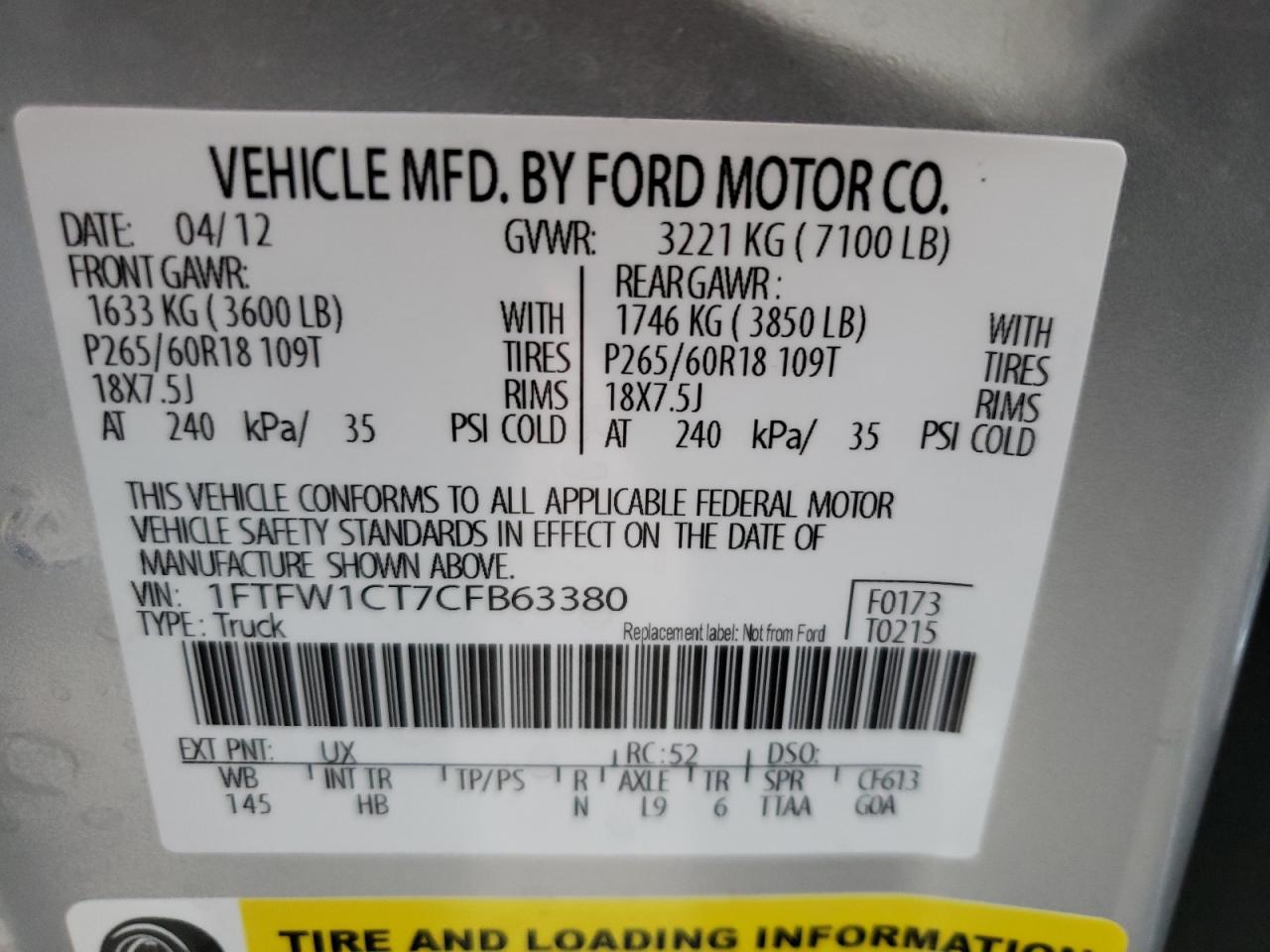 Photo 10 from auction – 2012 FORD F150 SUPER with VIN 1FTFW1CT7CFB63380