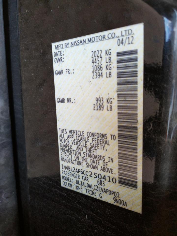 Photo 10 from auction – 2012 NISSAN ALTIMA SR with VIN 1N4BL2AP6CC250410