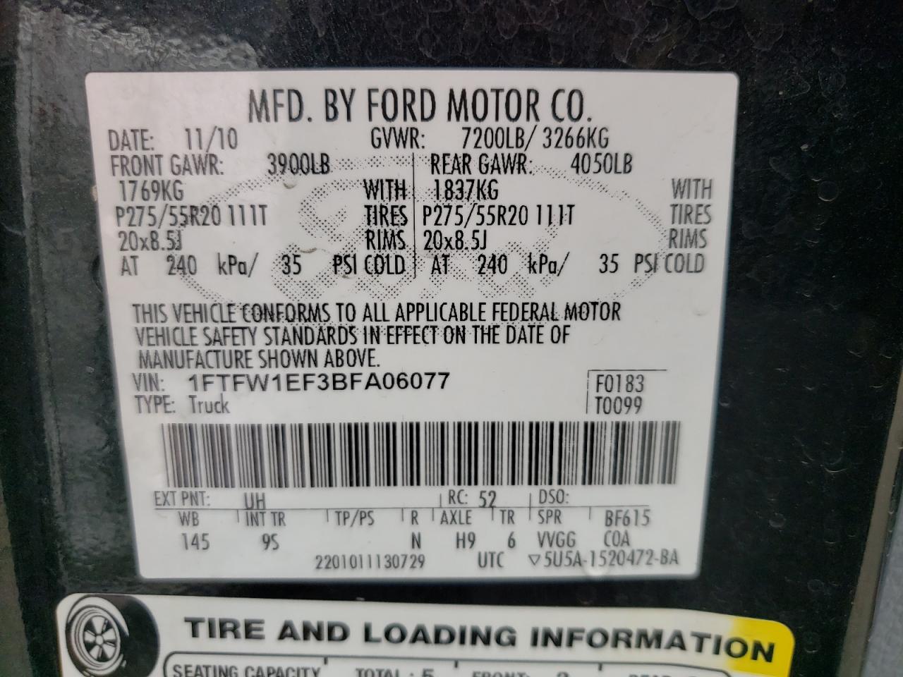 Photo 10 from auction – 2011 FORD F150 SUPER with VIN 1FTFW1EF3BFA06077