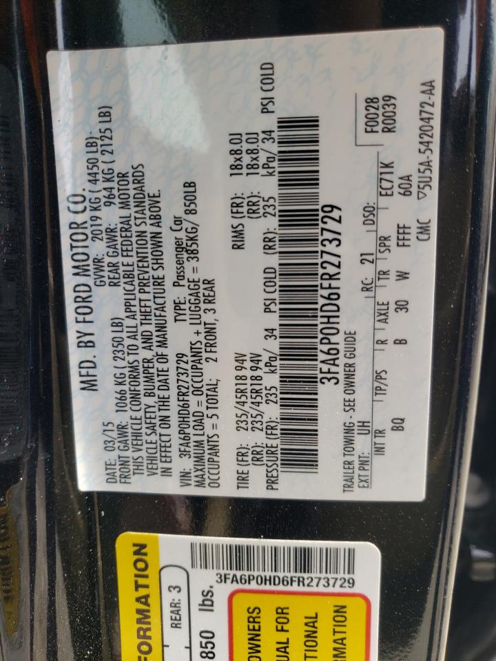 Photo 10 from auction – 2015 FORD FUSION SE with VIN 3FA6P0HD6FR273729