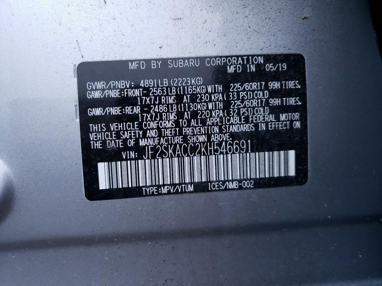 Photo 10 from auction – 2019 SUBARU FORESTER with VIN JF2SKACC2KH546691
