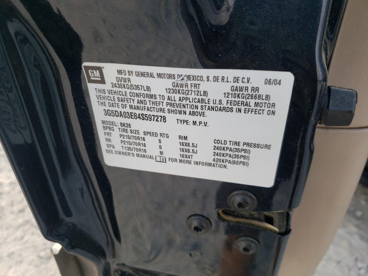 Photo 10 from auction – 2004 BUICK RENDEZVOUS with VIN 3G5DA03E84S597278