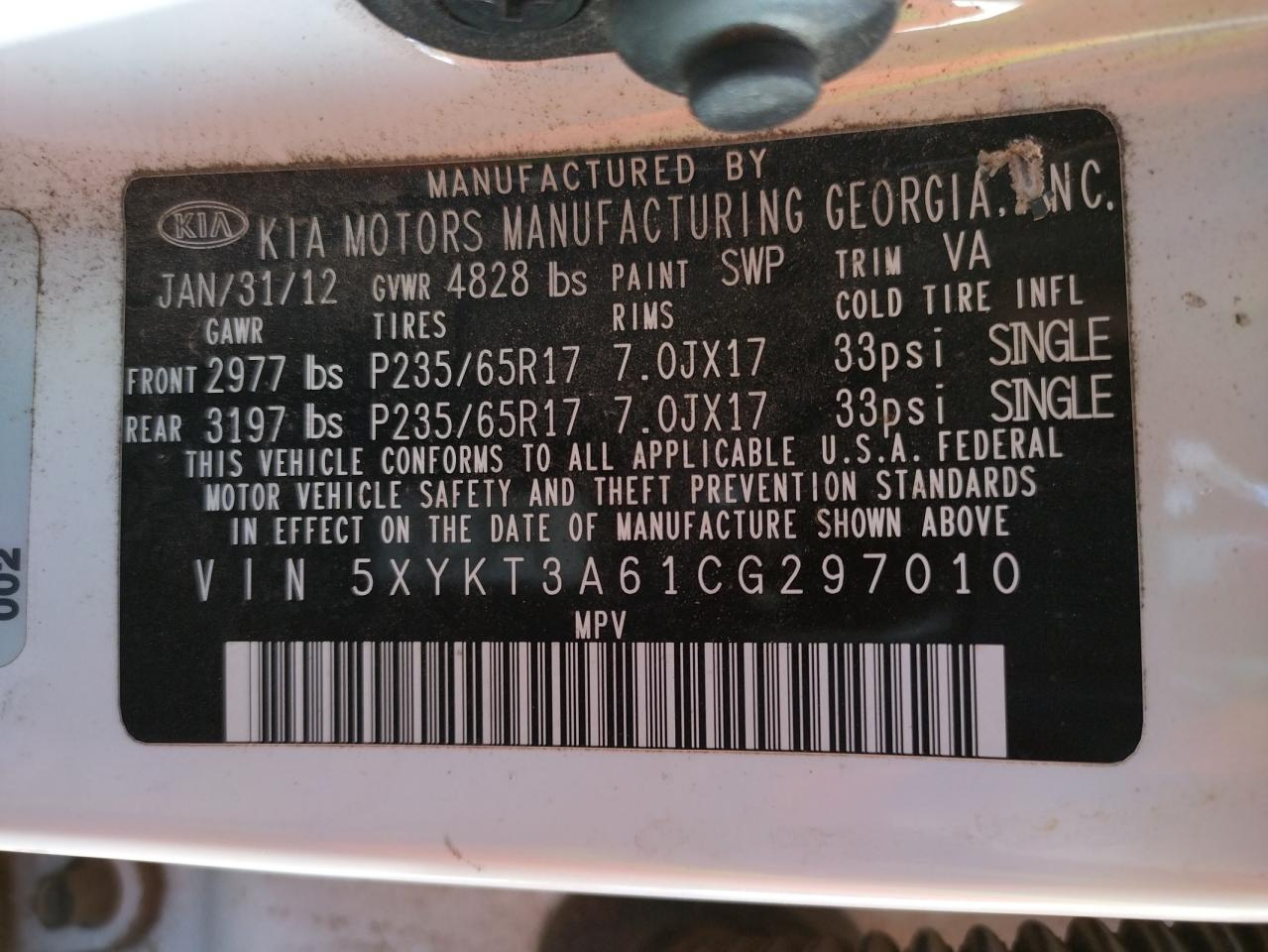 Photo 10 from auction – 2012 KIA SORENTO BA with VIN 5XYKT3A61CG297010