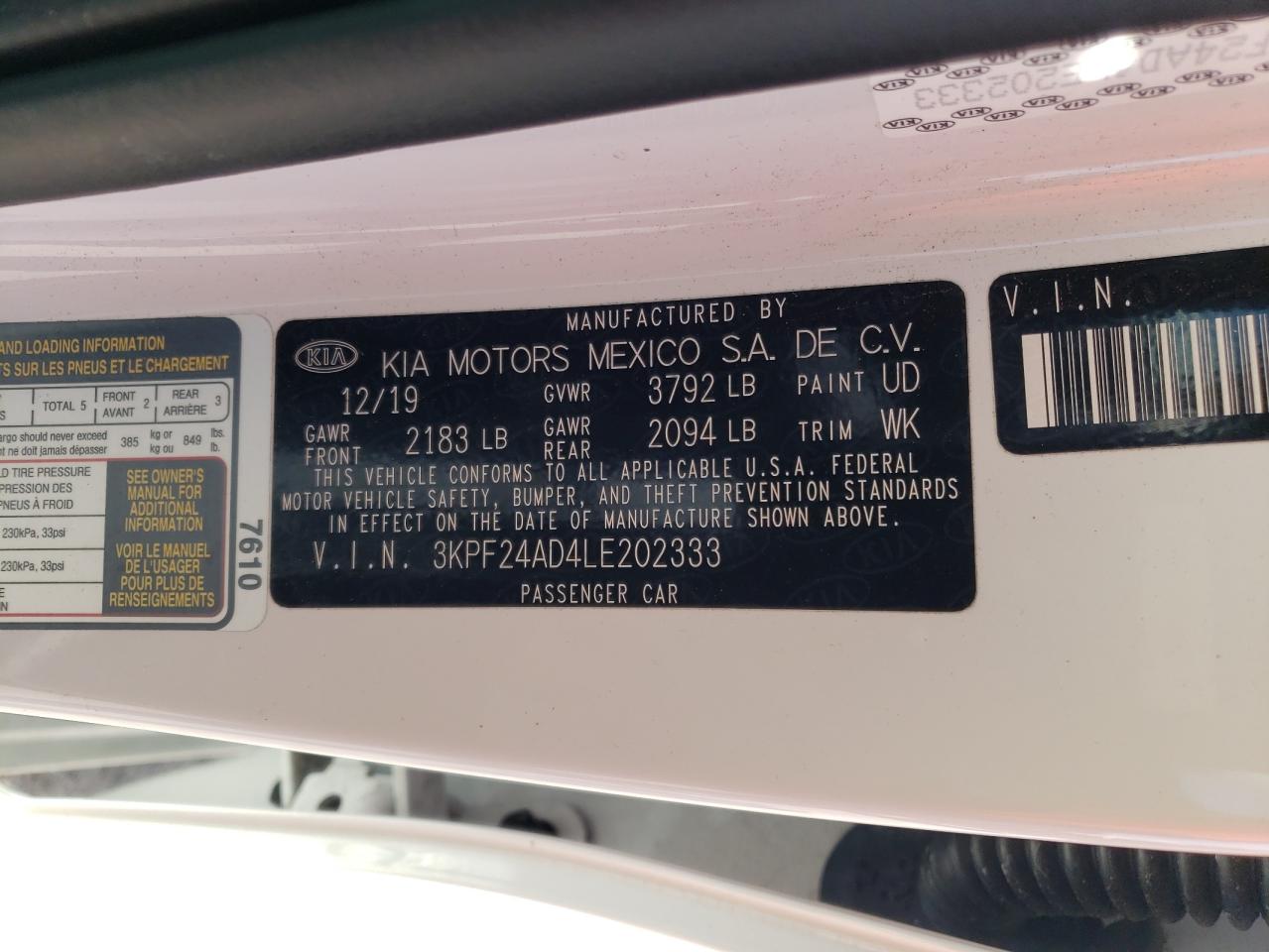 Photo 10 from auction – 2020 KIA FORTE FE with VIN 3KPF24AD4LE202333