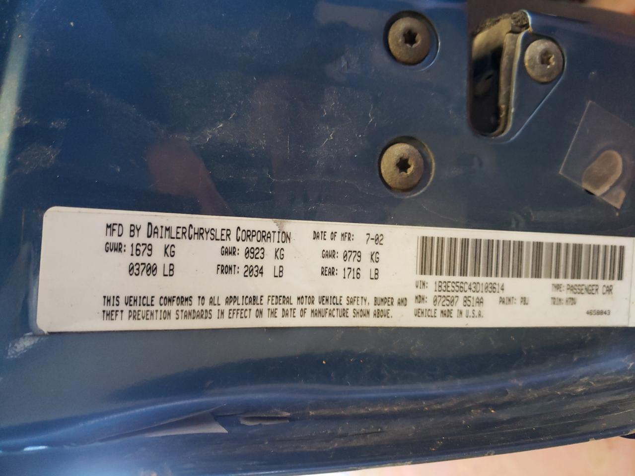 Photo 10 from auction – 2003 DODGE NEON SXT with VIN 1B3ES56C43D103614