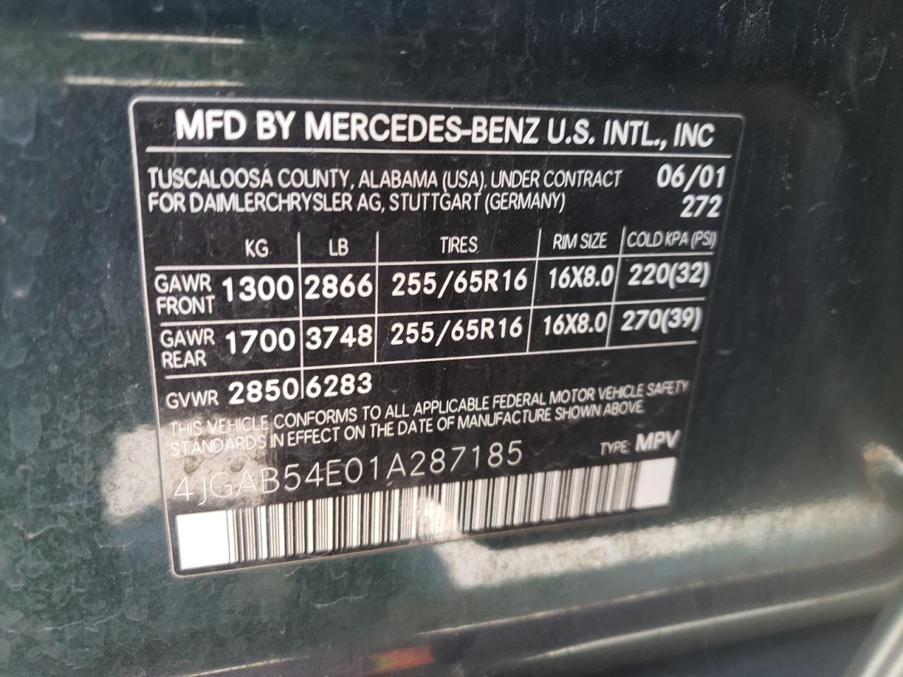 Photo 10 from auction – 2001 MERCEDES-BENZ ML 320 with VIN 4JGAB54E01A287185
