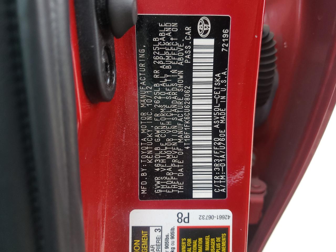 Photo 10 from auction – 2012 TOYOTA CAMRY BASE with VIN 4T1BF1FK6CU628062
