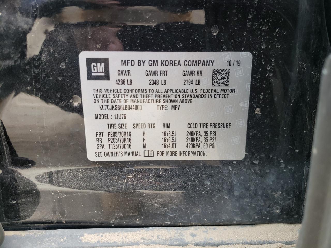 Photo 10 from auction – 2020 CHEVROLET TRAX LS with VIN KL7CJKSB6LB044000