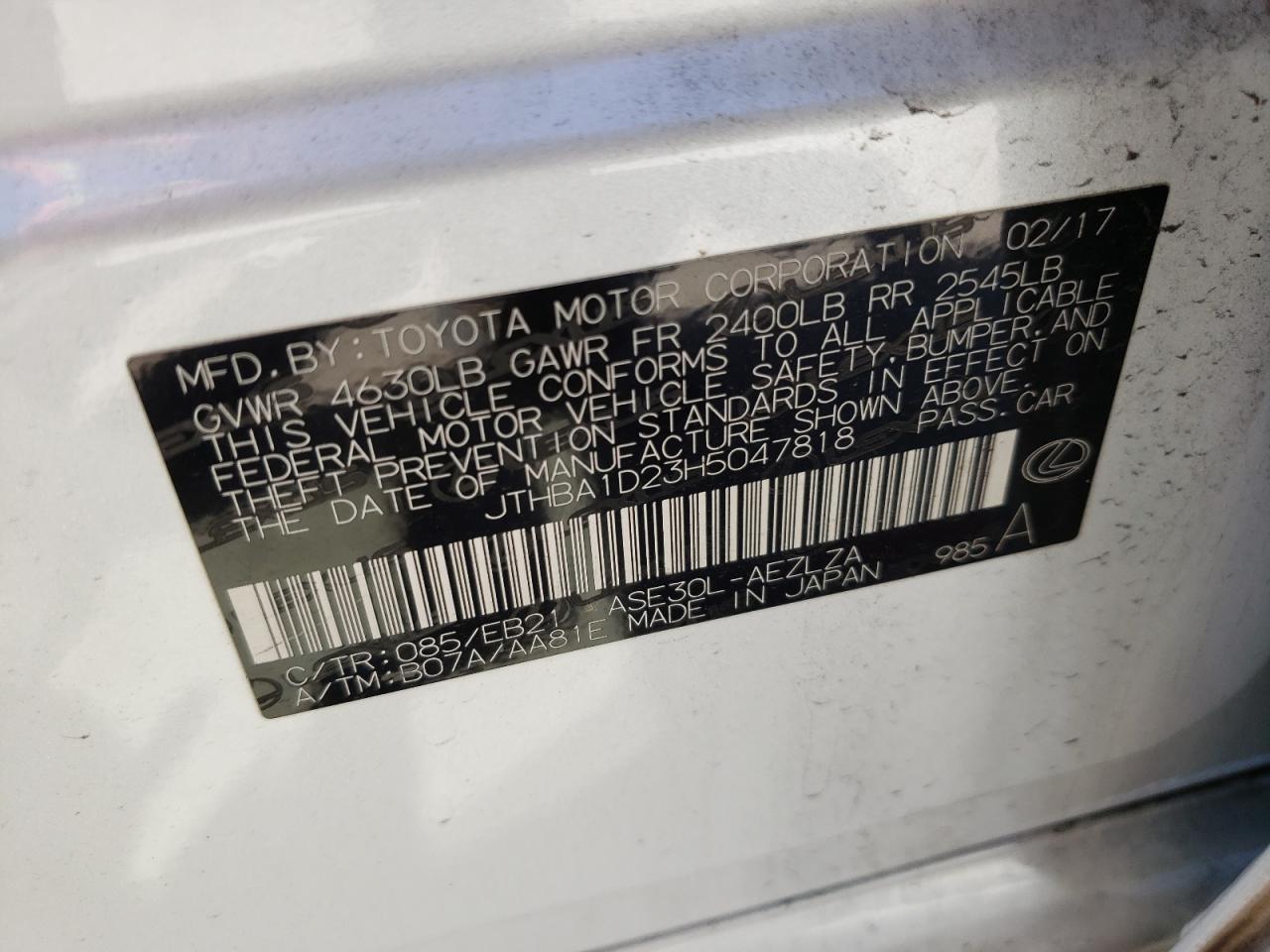 Photo 10 from auction – 2017 LEXUS IS 200T with VIN JTHBA1D23H5047818