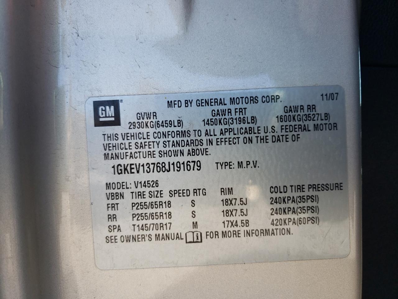 Photo 10 from auction – 2008 GMC ACADIA SLE with VIN 1GKEV13768J191679