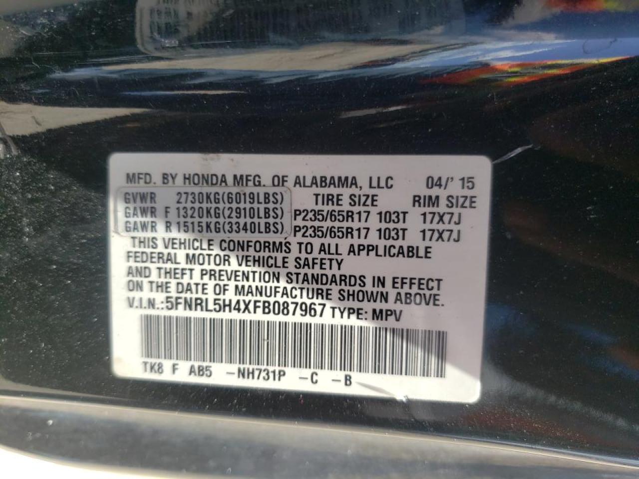 Photo 10 from auction – 2015 HONDA ODYSSEY EX with VIN 5FNRL5H4XFB087967