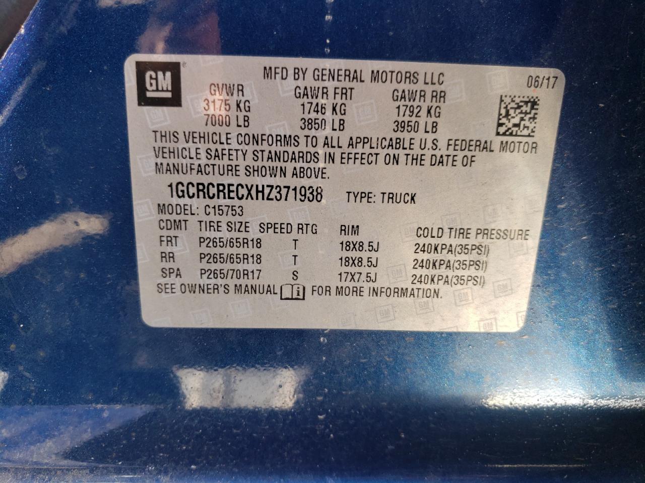 Photo 10 from auction – 2017 CHEVROLET SILVERADO with VIN 1GCRCRECXHZ371938