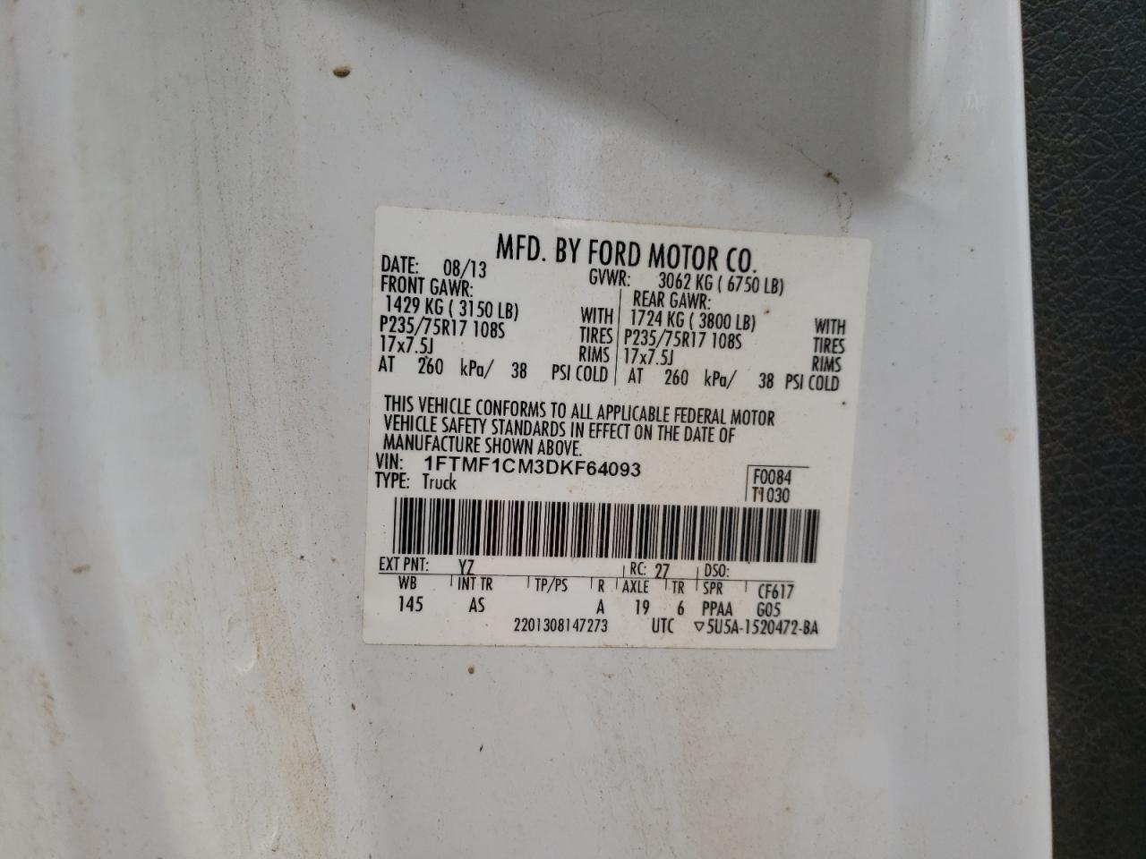 Photo 10 from auction – 2013 FORD F150 with VIN 1FTMF1CM3DKF64093