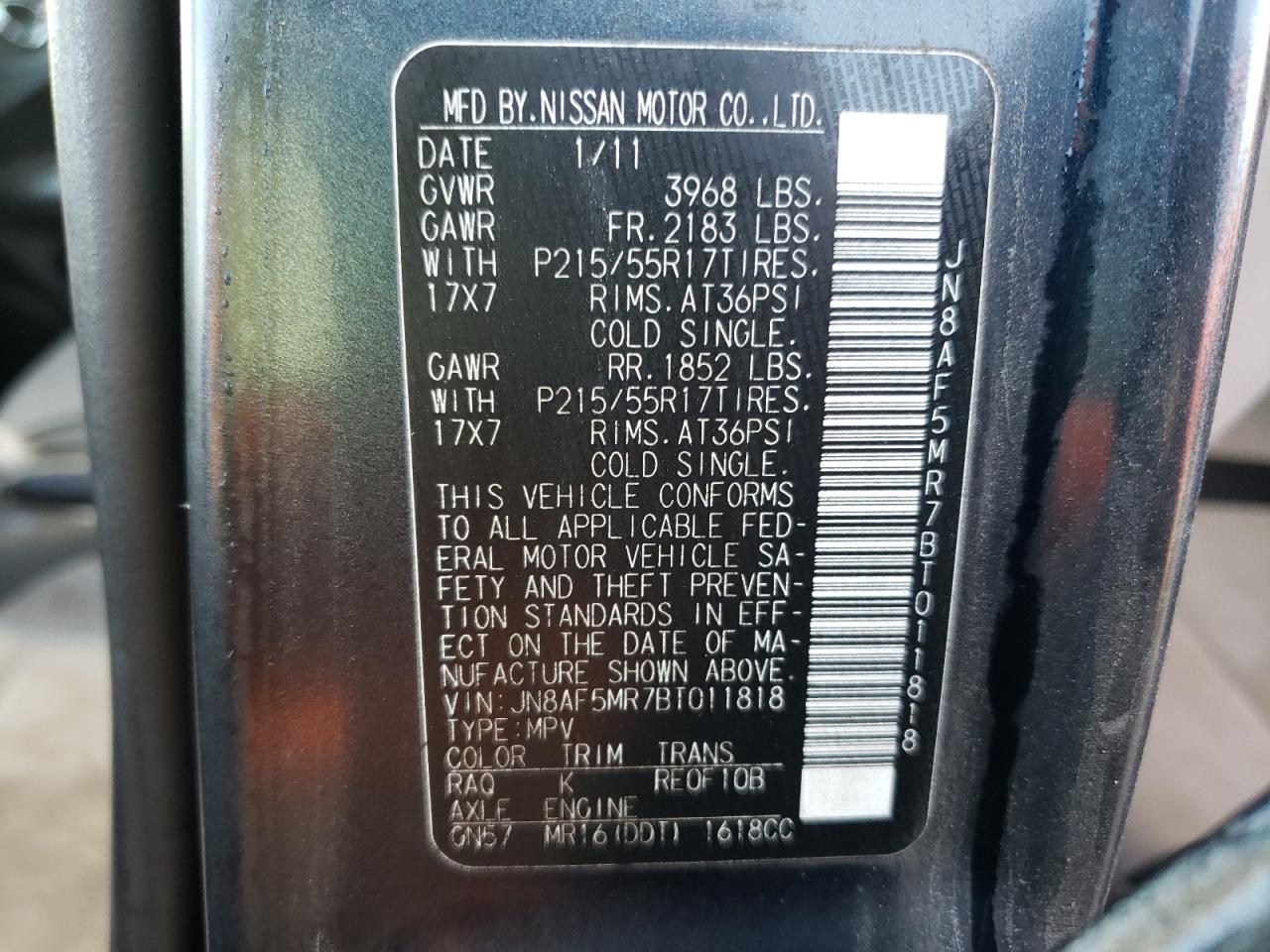 Photo 10 from auction – 2011 NISSAN JUKE S with VIN JN8AF5MR7BT011818