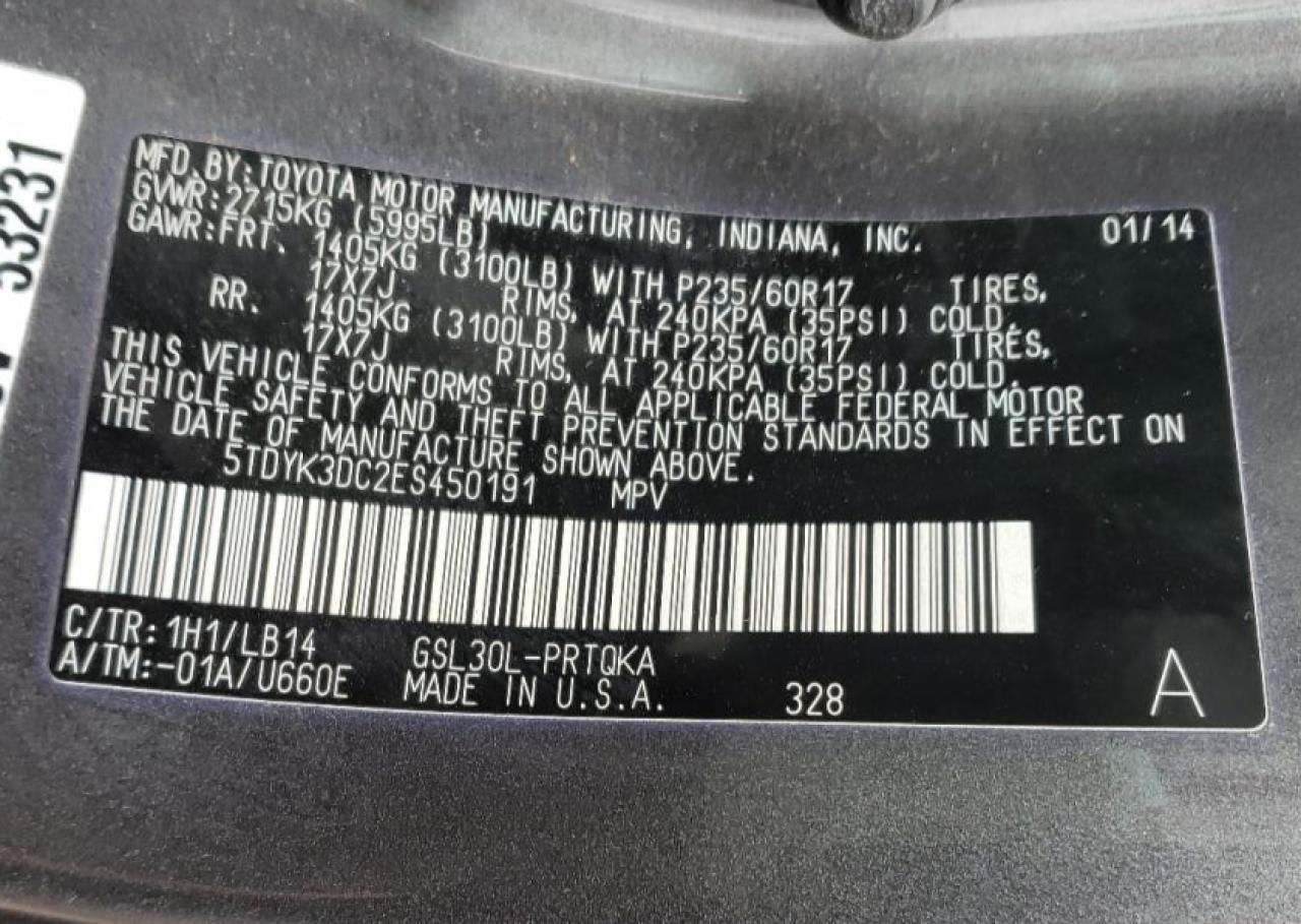 Photo 10 from auction – 2014 TOYOTA SIENNA XLE with VIN 5TDYK3DC2ES450191
