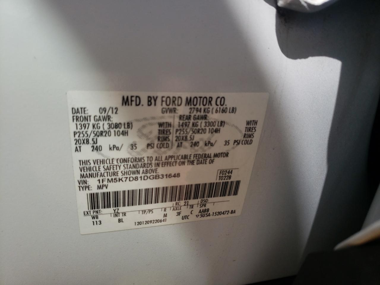 Photo 10 from auction – 2013 FORD EXPLORER X with VIN 1FM5K7D81DGB31648