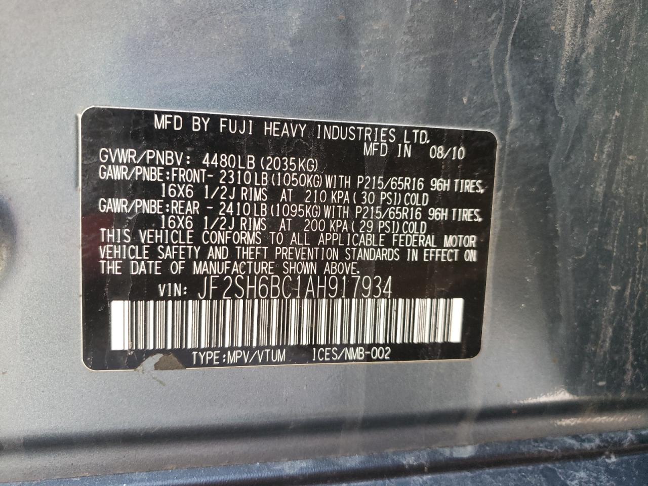 Photo 10 from auction – 2010 SUBARU FORESTER X with VIN JF2SH6BC1AH917934