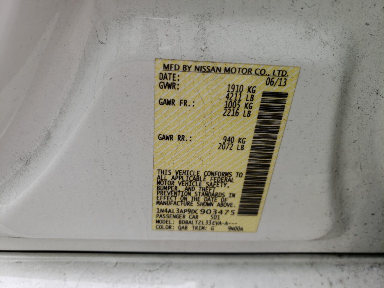 Photo 10 from auction – 2013 NISSAN ALTIMA 2.5 with VIN 1N4AL3AP9DC903475