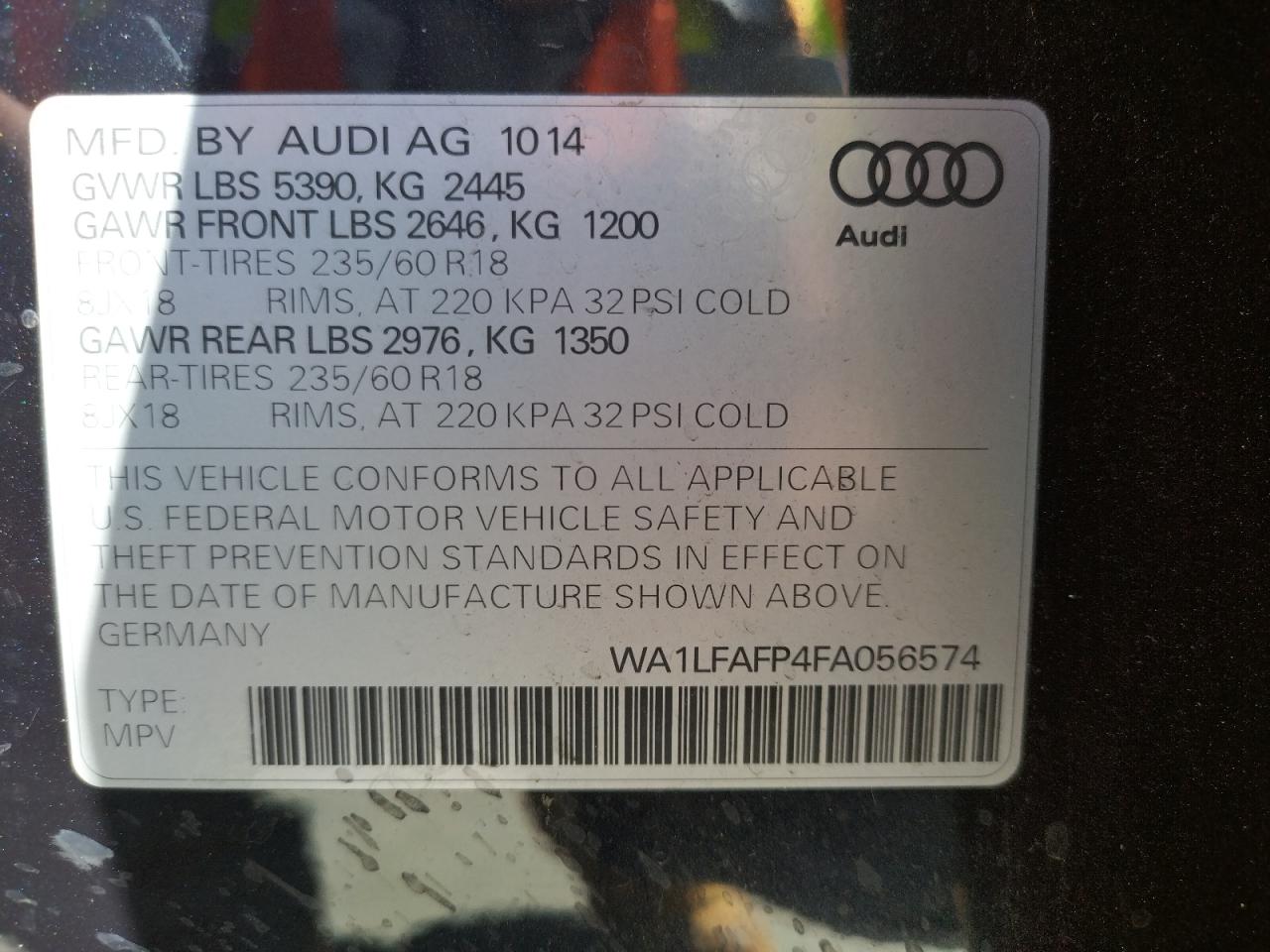 Photo 10 from auction – 2015 AUDI Q5 PREMIUM with VIN WA1LFAFP4FA056574