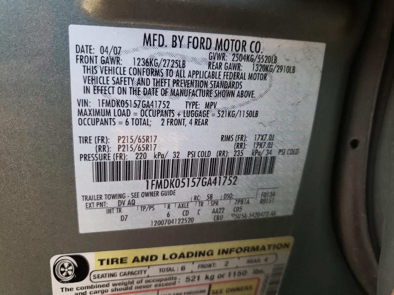 Photo 10 from auction – 2007 FORD FREESTYLE with VIN 1FMDK05157GA41752