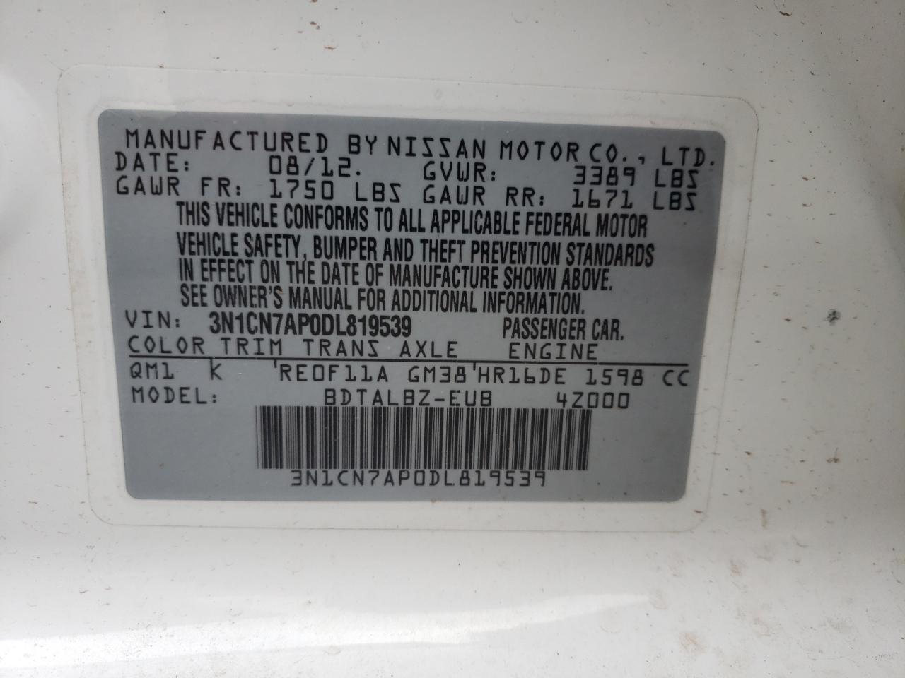 Photo 10 from auction – 2013 NISSAN VERSA S with VIN 3N1CN7AP0DL819539
