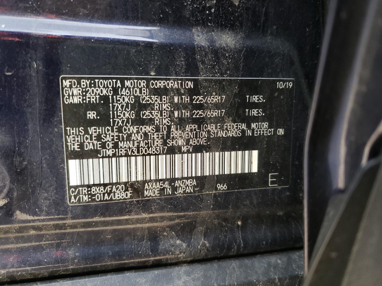 Photo 10 from auction – 2020 TOYOTA RAV4 XLE with VIN JTMP1RFV3LD048317