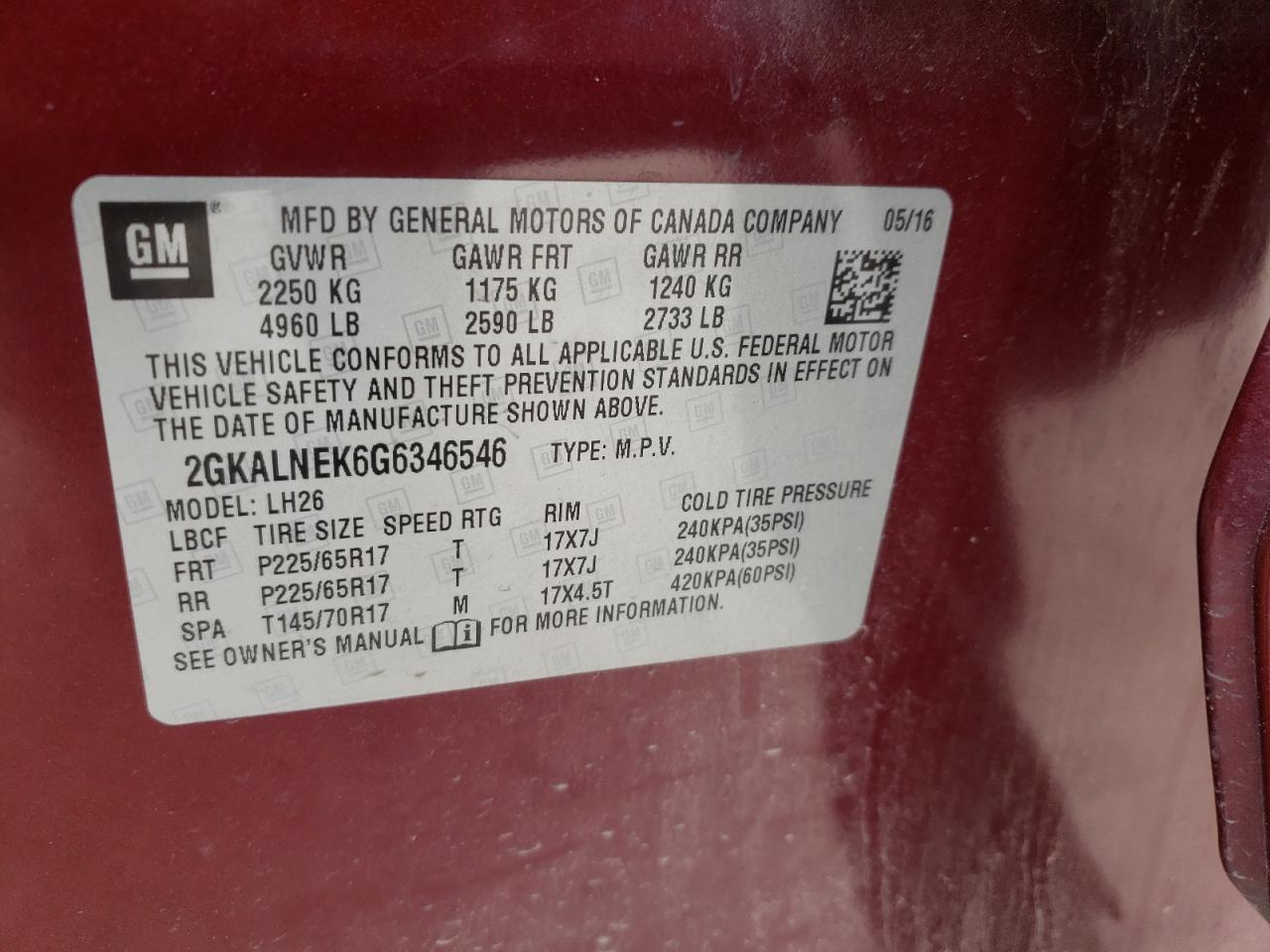 Photo 10 from auction – 2016 GMC TERRAIN SL with VIN 2GKALNEK6G6346546