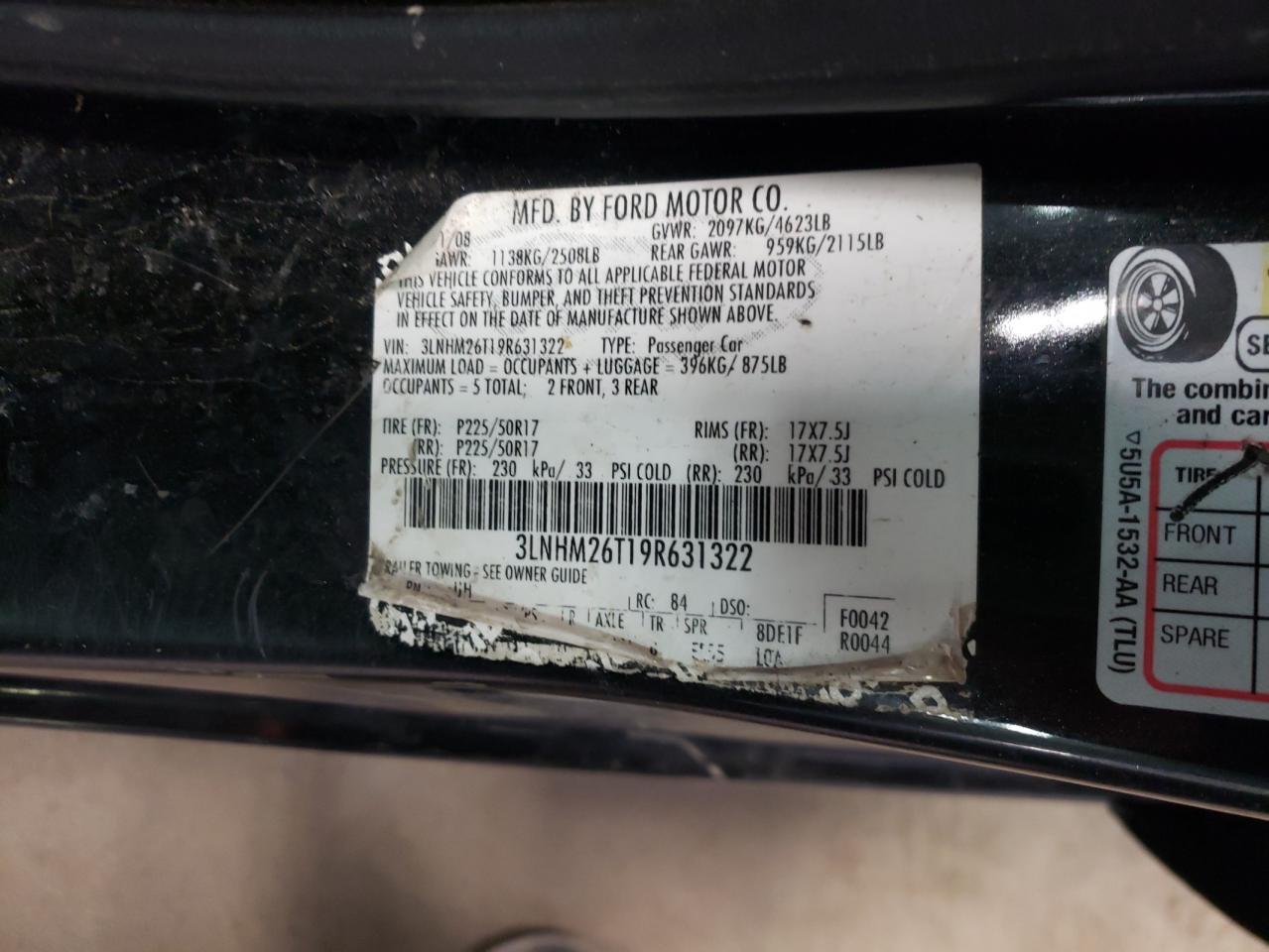 Photo 10 from auction – 2009 LINCOLN MKZ with VIN 3LNHM26T19R631322