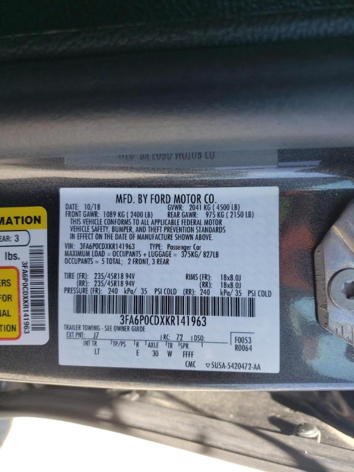 Photo 10 from auction – 2019 FORD FUSION SEL with VIN 3FA6P0CDXKR141963