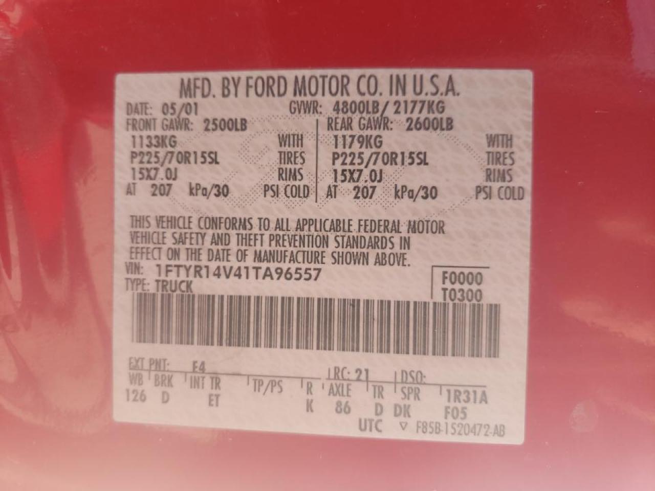 Photo 10 from auction – 2001 FORD RANGER SUP with VIN 1FTYR14V41TA96557