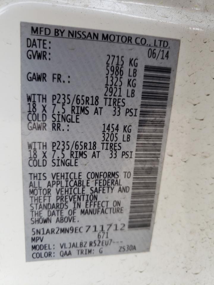 Photo 10 from auction – 2014 NISSAN PATHFINDER with VIN 5N1AR2MN9EC711712