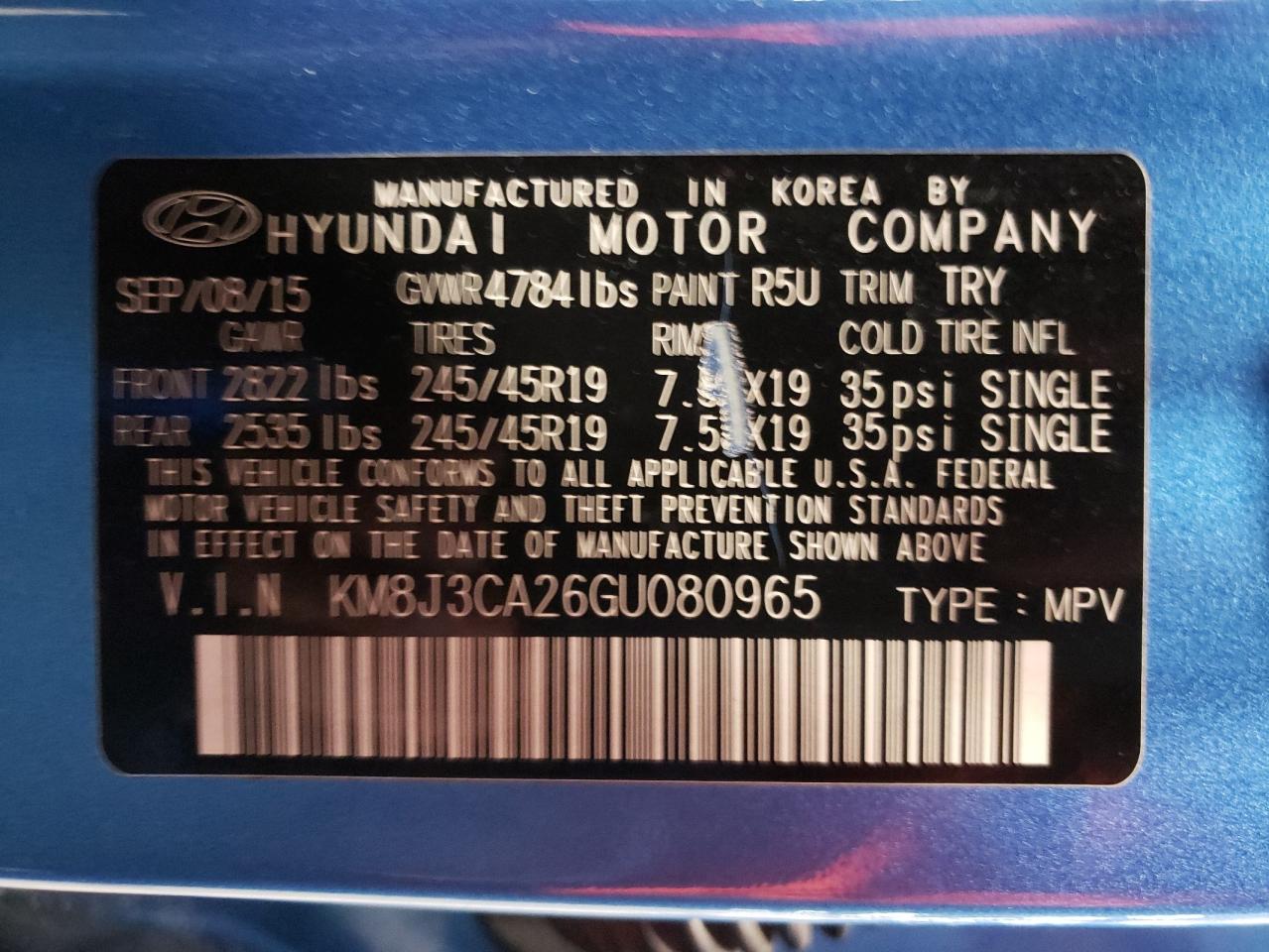 Photo 10 from auction – 2016 HYUNDAI TUCSON LIM with VIN KM8J3CA26GU080965
