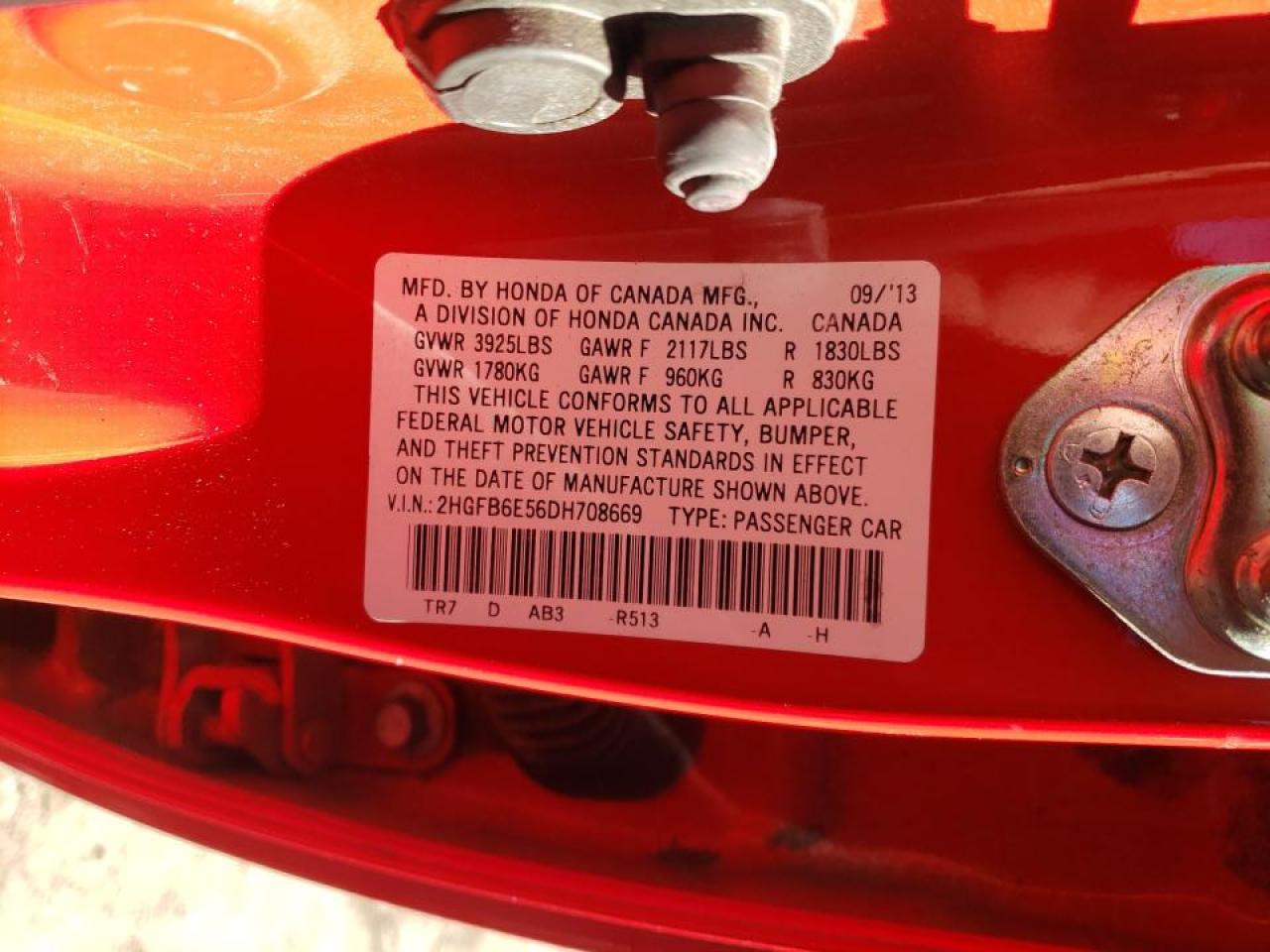 Photo 10 from auction – 2013 HONDA CIVIC SI with VIN 2HGFB6E56DH708669
