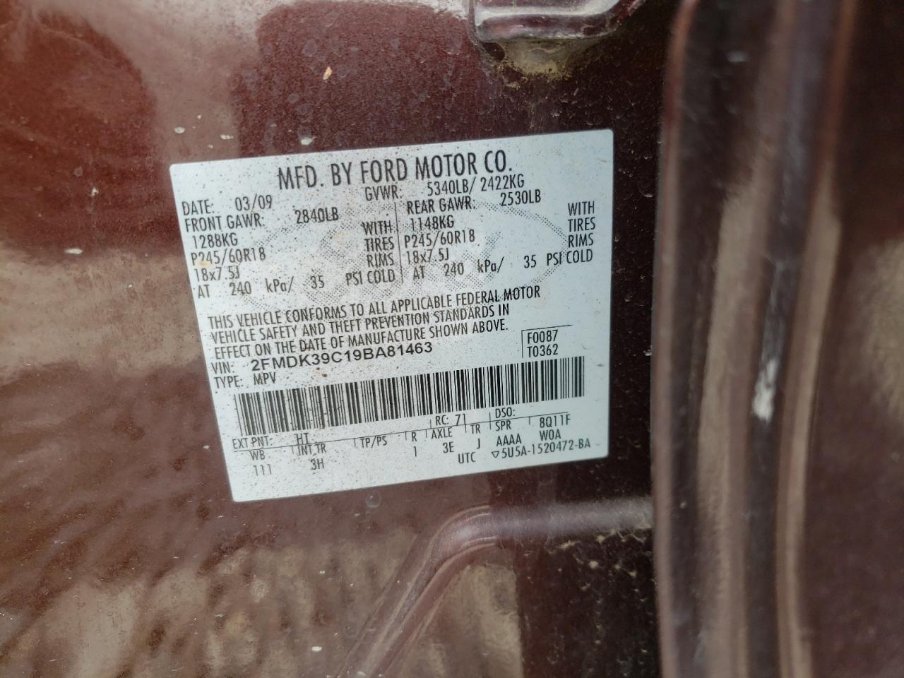 Photo 10 from auction – 2009 FORD EDGE LIMIT with VIN 2FMDK39C19BA81463