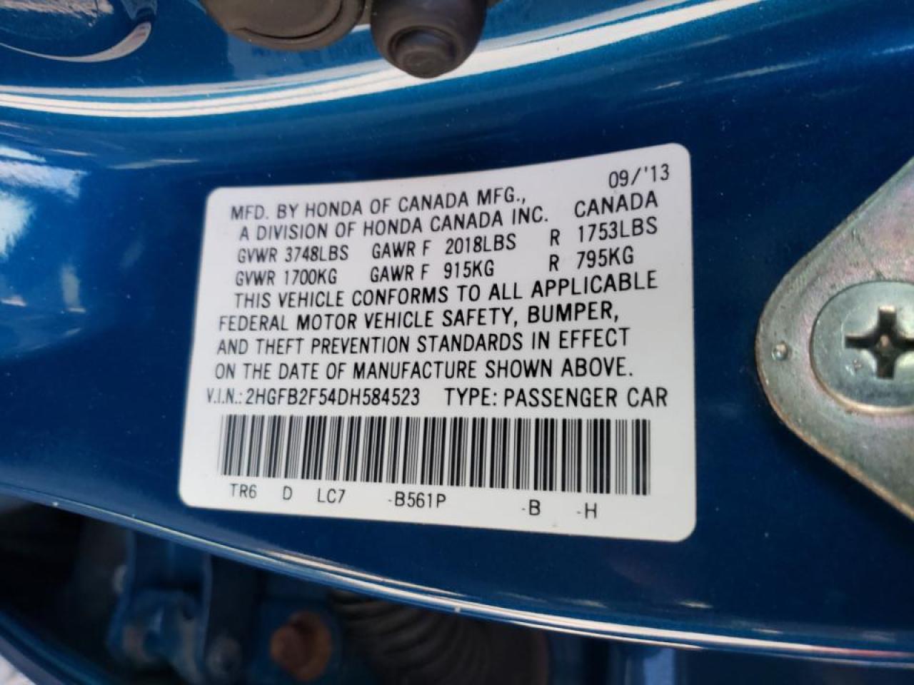 Photo 10 from auction – 2013 HONDA CIVIC LX with VIN 2HGFB2F54DH584523