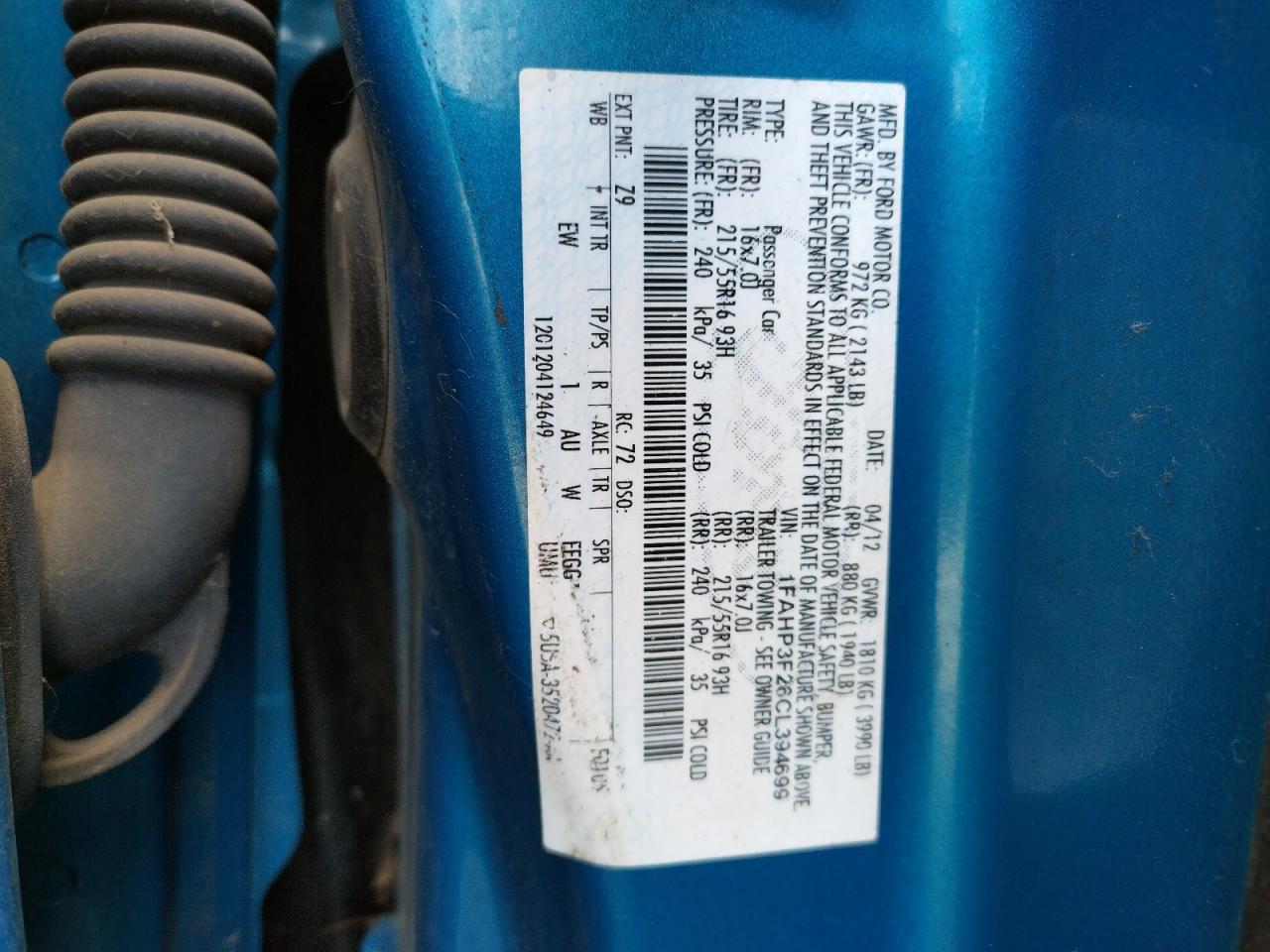Photo 10 from auction – 2012 FORD FOCUS SE with VIN 1FAHP3F26CL394699
