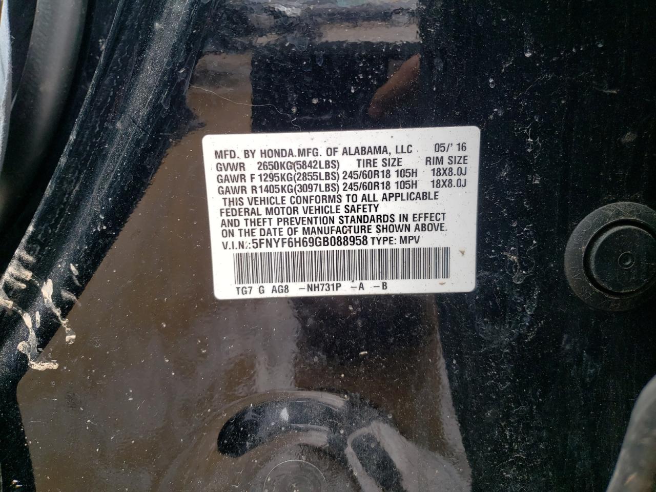 Photo 10 from auction – 2016 HONDA PILOT EXL with VIN 5FNYF6H69GB088958