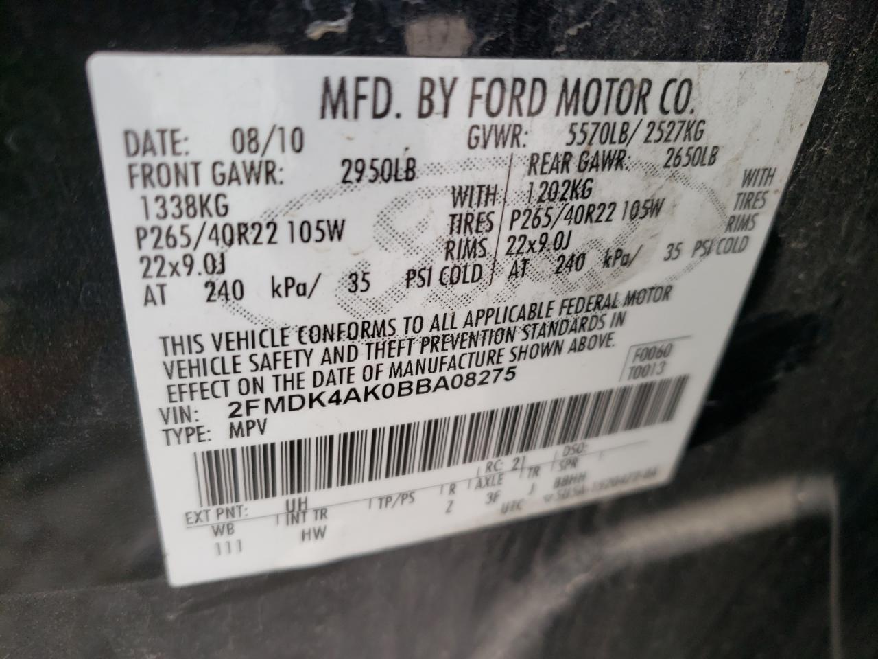 Photo 10 from auction – 2011 FORD EDGE SPORT with VIN 2FMDK4AK0BBA08275
