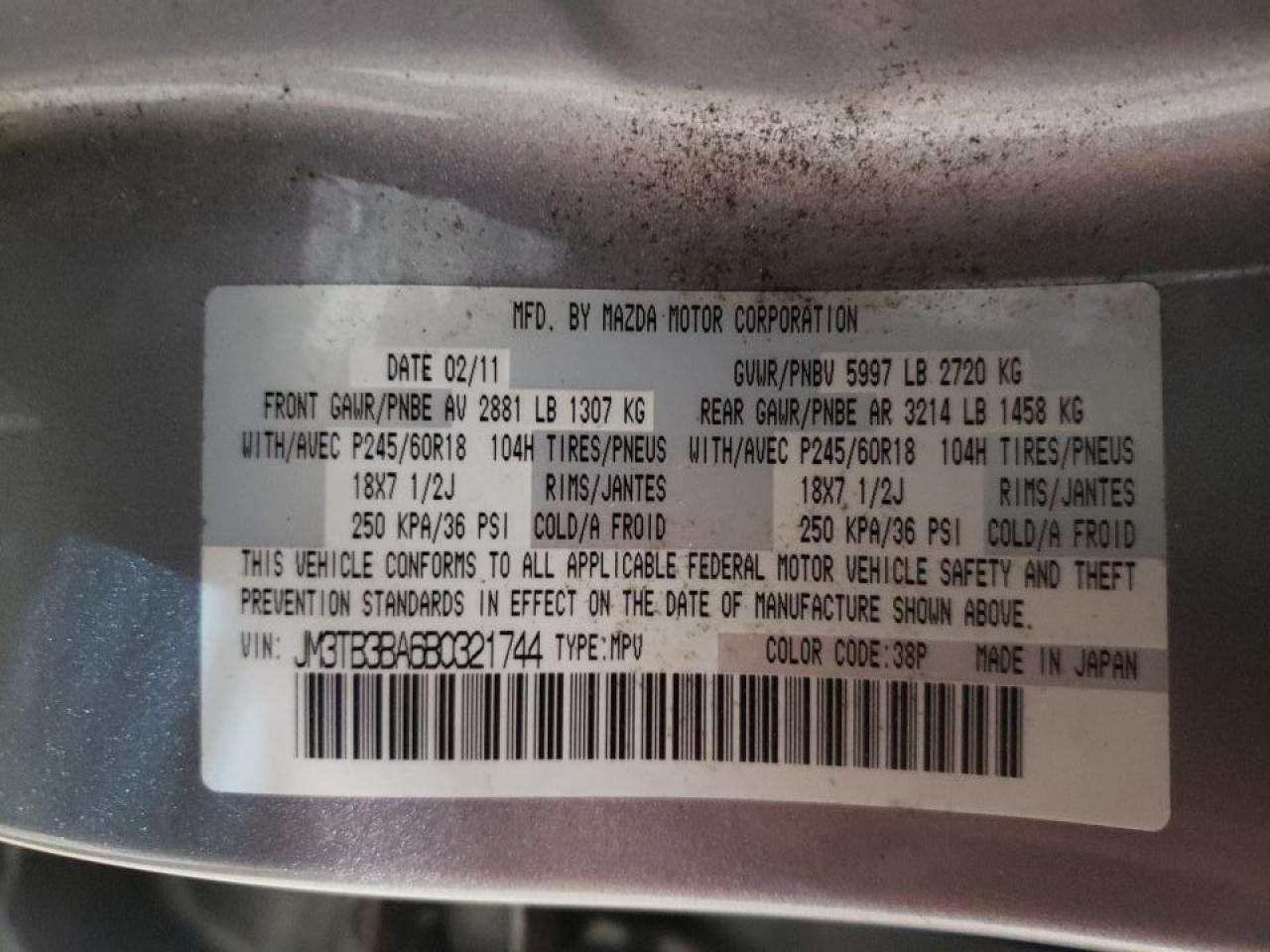Photo 10 from auction – 2011 MAZDA CX-9 with VIN JM3TB3BA6B0321744