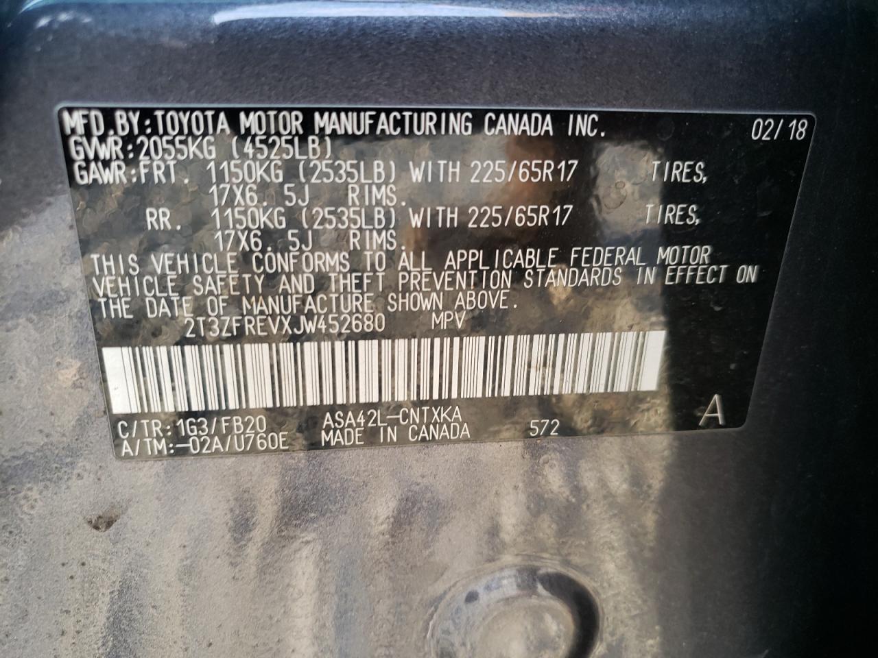 Photo 10 from auction – 2018 TOYOTA RAV4 LE with VIN 2T3ZFREVXJW452680