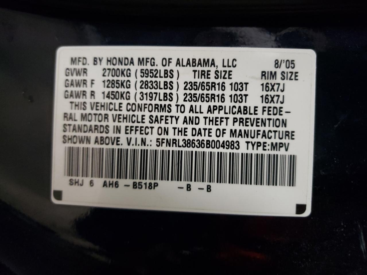 Photo 10 from auction – 2006 HONDA ODYSSEY with VIN 5FNRL38636B004983