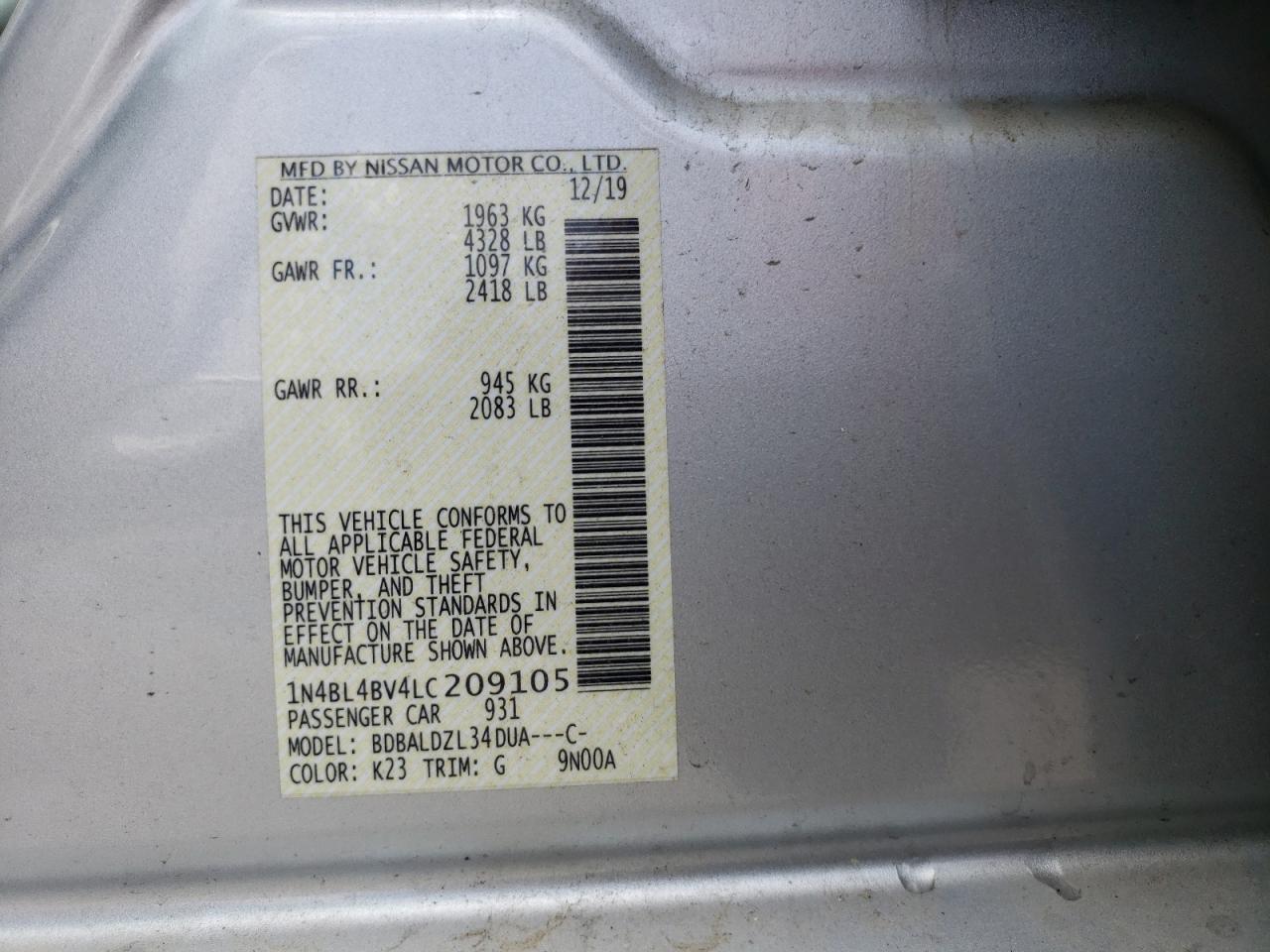 Photo 10 from auction – 2020 NISSAN ALTIMA S with VIN 1N4BL4BV4LC209105