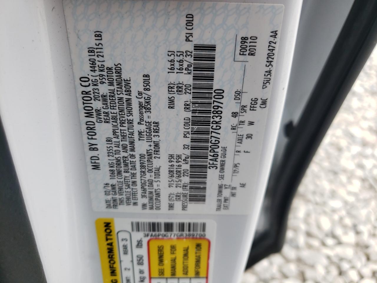 Photo 10 from auction – 2016 FORD FUSION S with VIN 3FA6P0G77GR389700