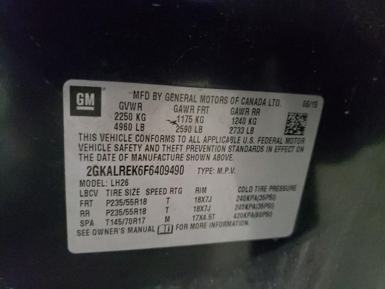 Photo 10 from auction – 2015 GMC TERRAIN SL with VIN 2GKALREK6F6409490