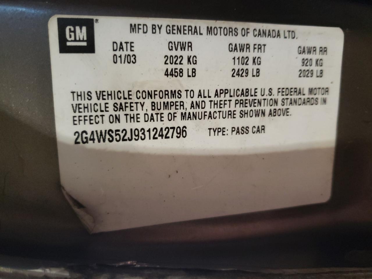 Photo 10 from auction – 2003 BUICK CENTURY CU with VIN 2G4WS52J931242796