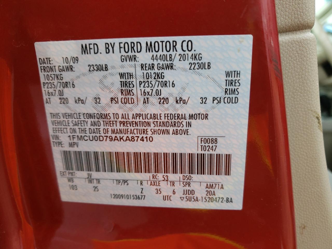 Photo 10 from auction – 2010 FORD ESCAPE XLT with VIN 1FMCU0D79AKA87410