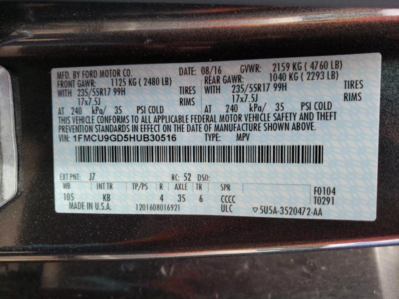 Photo 10 from auction – 2017 FORD ESCAPE SE with VIN 1FMCU9GD5HUB30516