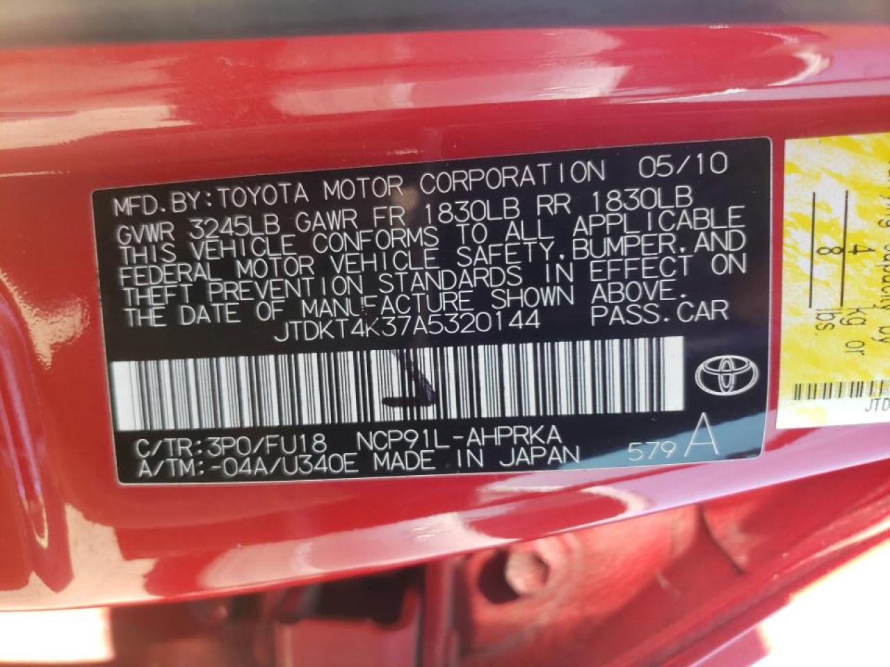 Photo 10 from auction – 2010 TOYOTA YARIS with VIN JTDKT4K37A5320144