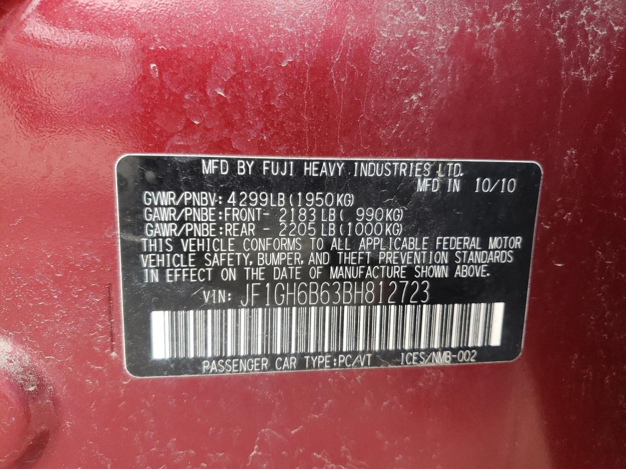 Photo 10 from auction – 2011 SUBARU IMPREZA 2. with VIN JF1GH6B63BH812723