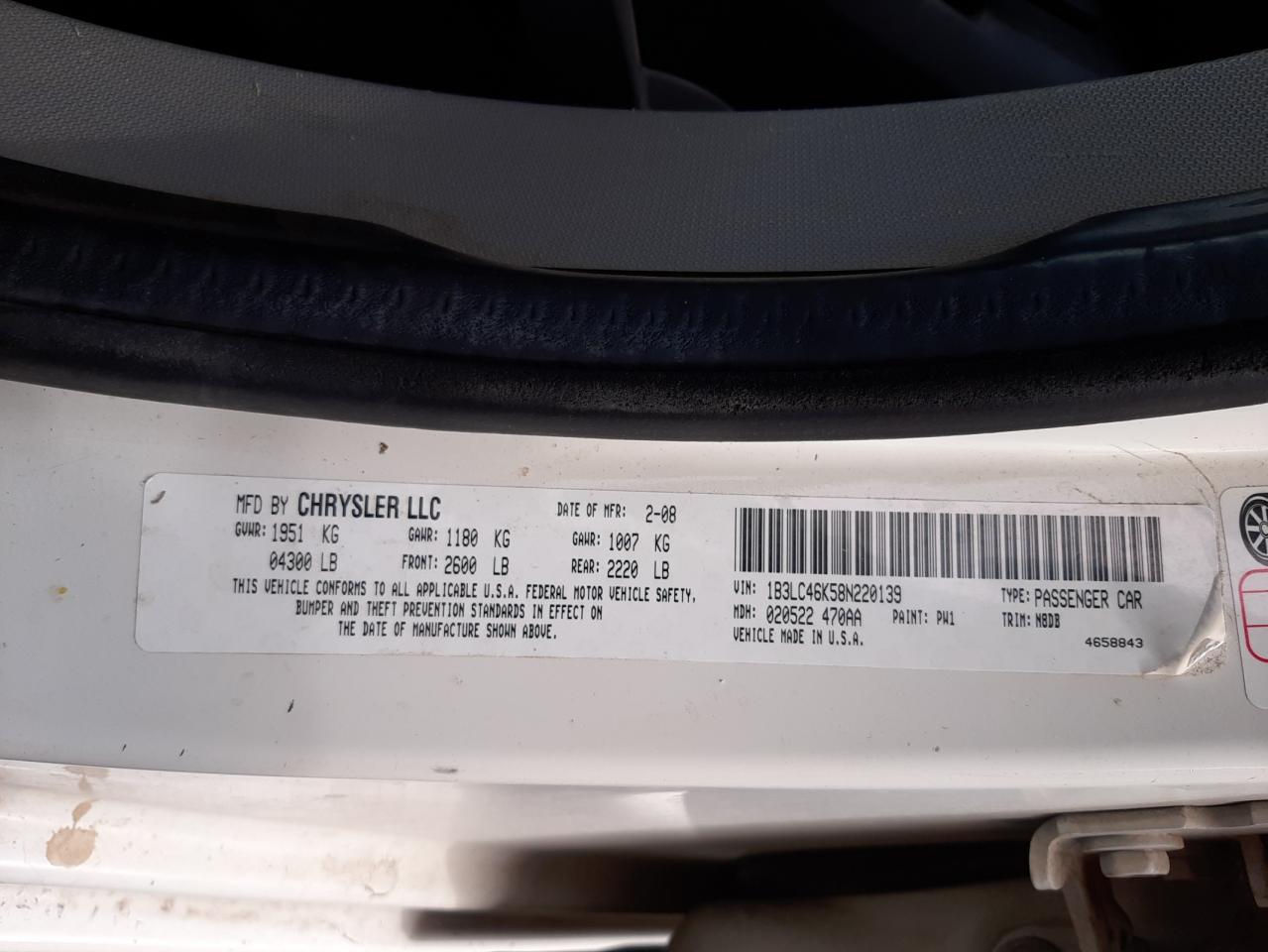 Photo 10 from auction – 2008 DODGE AVENGER SE with VIN 1B3LC46K58N220139